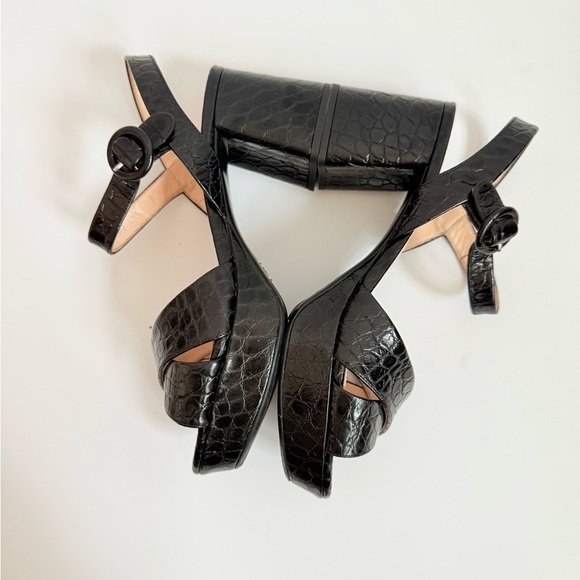 Prada Black Embossed Croc effect leather Quarter strap platform sandals EU 37.5 - Picture 6 of 9